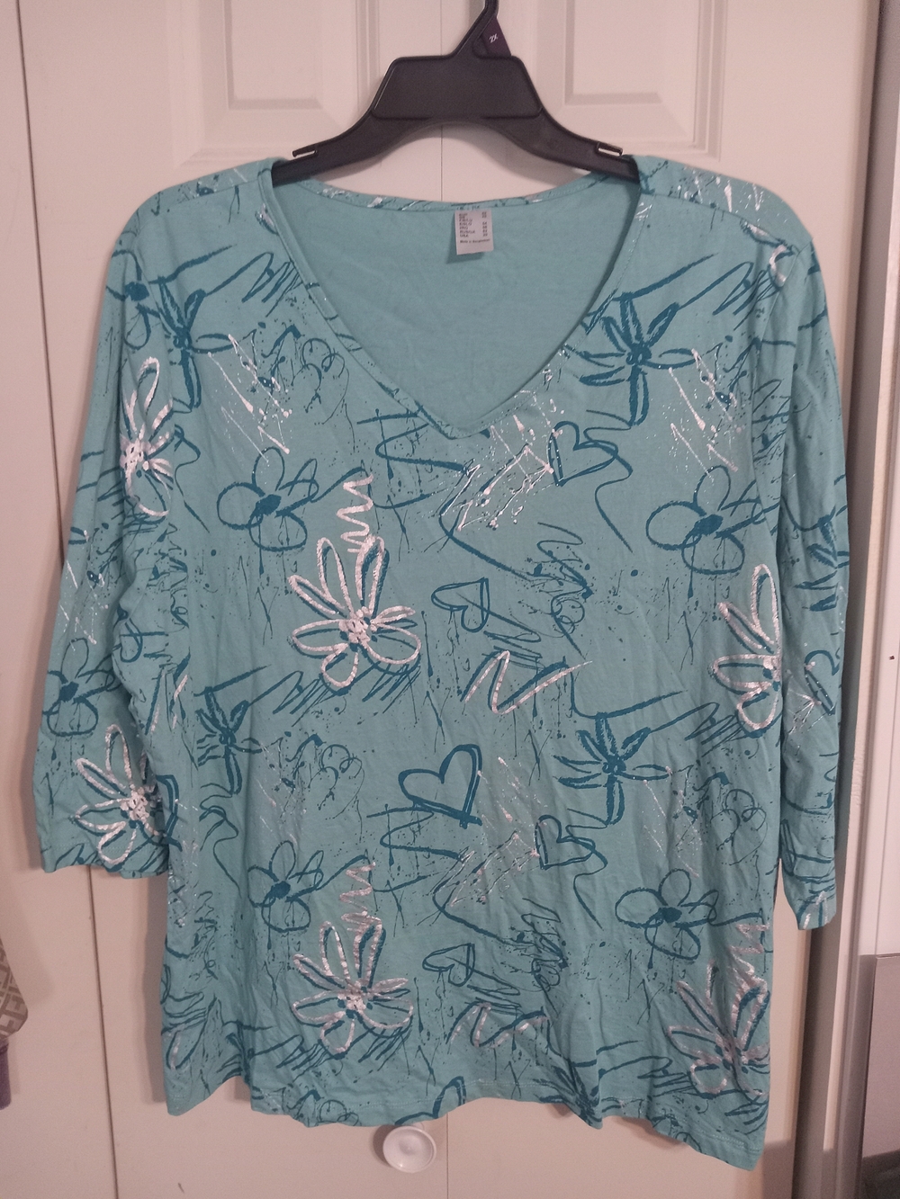 Women’s Light Teal V-Neck Floral Print Blouse